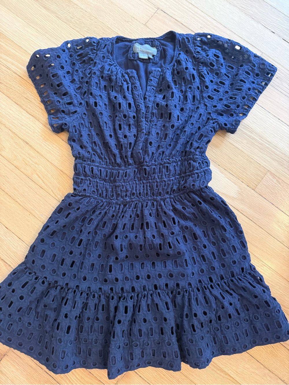 ANTHROPOLOGIE Somerset Navy Eyelet Tiered Mini Dress Small Petite GUC